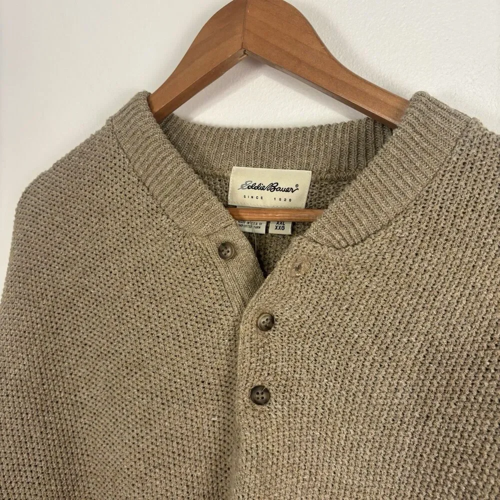 VTG Eddie Bauer NWT Henley Sweater Mens 2XL Tan Textured Knit Long Sleeve Button
